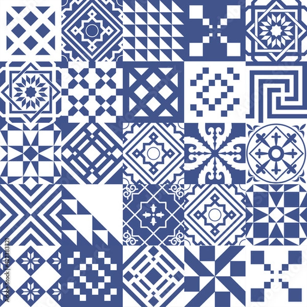 Fototapeta Set of tiles background in portuguese style. Mosaic pattern for ceramic in dutch, portuguese, spanish, italian style.
