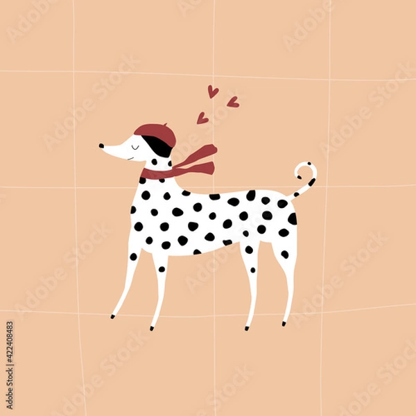Fototapeta Cute dalmatian in red beret and red scarf with hearts. Funny dog vector illustration.