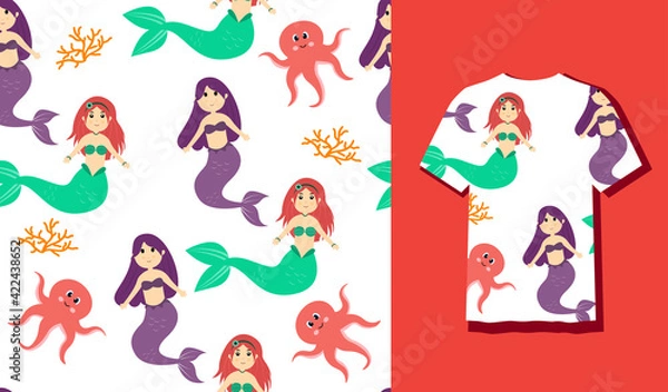 Obraz Seamless Patterns Underwater Mermaid Vector Illustration Cute Sea Animals Cartoon Characters Along with Fish, Turtle, Octopus, Seahorse, Crab