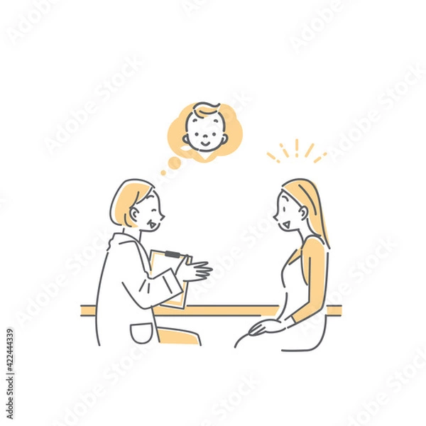 Fototapeta 産婦人科でベテラン医師の診察を受ける若い女性のシンプルでおしゃれな線画イラスト