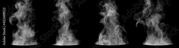 Fototapeta Set of steam from round dishes - pots, mugs or cups isolated on black background