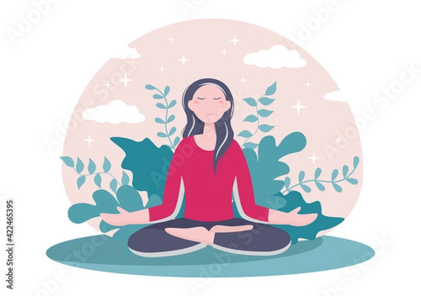 Fototapeta Yoga or Meditation Practices Aim for Health Benefits of the Body to Control Thoughts, Emotions, Inception and Searching for Ideas. Flat Design Vector Illustration