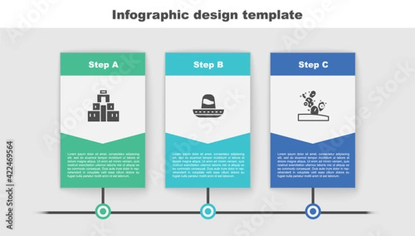 Fototapeta Set Chichen Itza in Mayan, Mexican sombrero and Cactus. Business infographic template. Vector