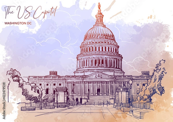 Fototapeta Front view of the US Capitol Building. Cityscape, urban hand drawing. Sketch on grunge watercolor spot background. EPS10 vector illustration.