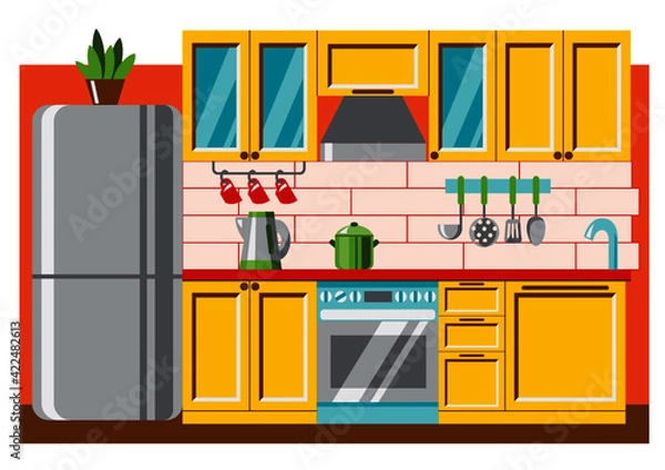 Obraz Интерьер кухни с желтой мебелью и холодильником