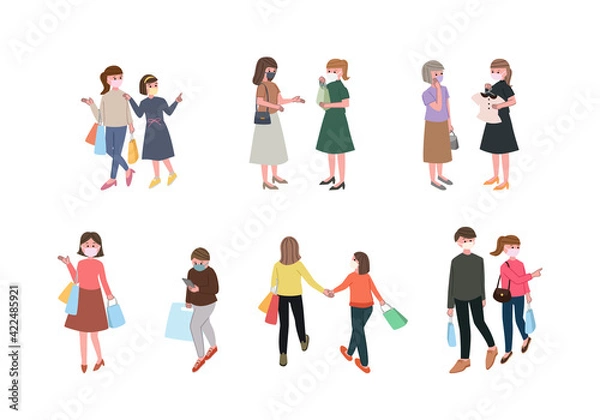Fototapeta マスクをつけて買い物をする人々のイラストセット