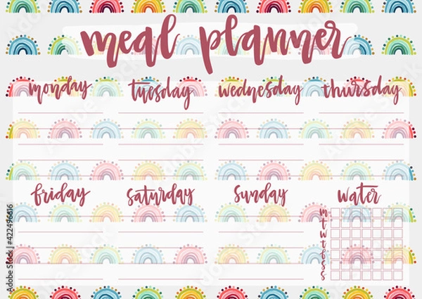 Obraz Cute A4 template for weekly and daily meal planner with lettering and hand drawn rainbows. Organizer and water check list. Trendy self-organization concept for 2021 with graphic design elements.