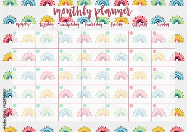 Obraz Cute monthly planner for 2021 year on colorful background with hand drawn rainbow. A4 print ready open date calendar design. Template vector illustration for self-organization and time management.