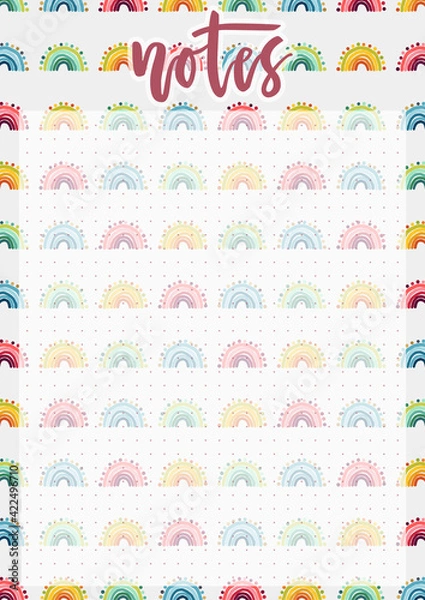 Fototapeta Cute A4 template for notes with lettering and hand drawn rainbows background. Vector print ready organizer and schedule with dotted page. Trendy self-organization concept illustration for 2021.