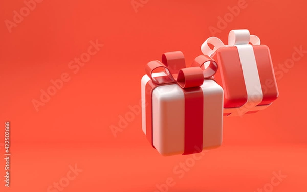Obraz Falling gift box, cute rounded decorative festive gift boxes with white and red colors on the bright red background. Celebration royal premium realistic concept. 3d rendering