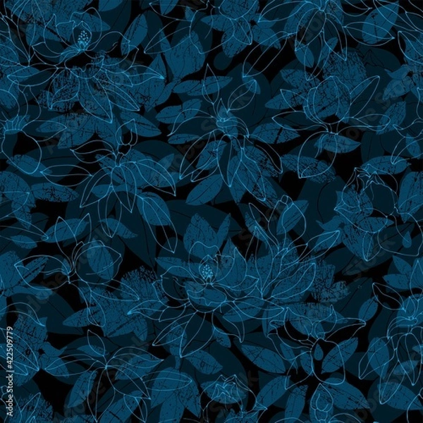 Fototapeta Seamless pattern with plants and contoured flowers. Dark background.