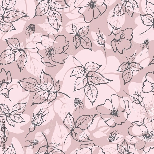 Fototapeta Seamless pattern with blooming plants. Gray contour images of flowers on a beige background.