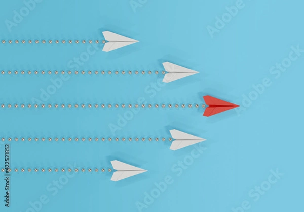Fototapeta Paper plane in one direction on blue background. business concept for new ideas creativity. paper art style, 3d illustration.