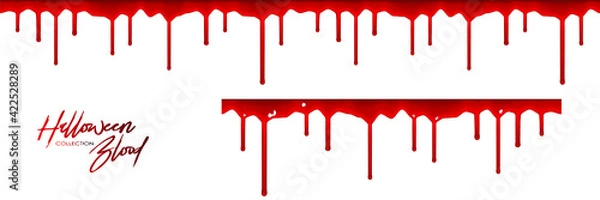 Fototapeta Blood collection, Happy Halloween decoration, Vector bloody horror drop, drip, splatter, creepy splash, spot. Realistic blood on transparent background, isolated.