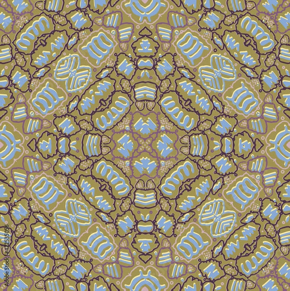 Fototapeta Multicolored geometric seamless patterns on a khaki background. Beautiful unusual fashion design in oriental style for wallpaper, wrapping paper, textiles, home decor, fabrics, scrapbooking