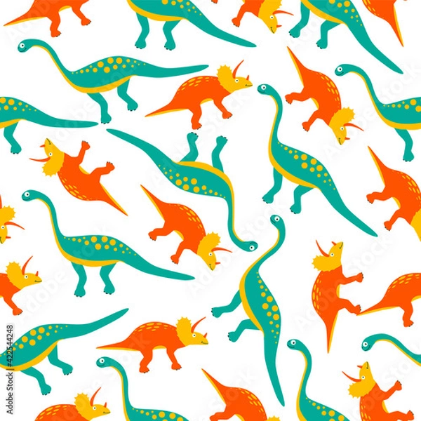 Fototapeta Seamless pattern with cute dinosaurs: diplodocus and Triceratops. Cute dino on white background
