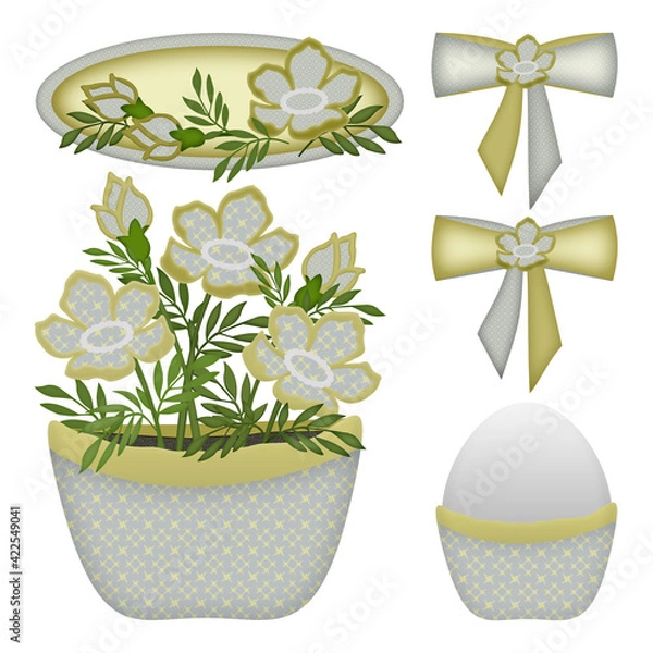 Fototapeta Festive set of elements - a basket with flowers, bows, an Easter egg, a tag. For postcards, scrapbooking, design.