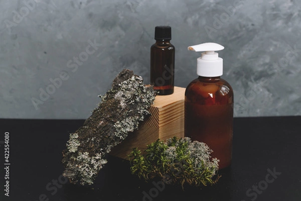 Obraz Spa cosmetics in brown glass bottles on natural background of moss,wood, tree bark and fern. Copy space for text.