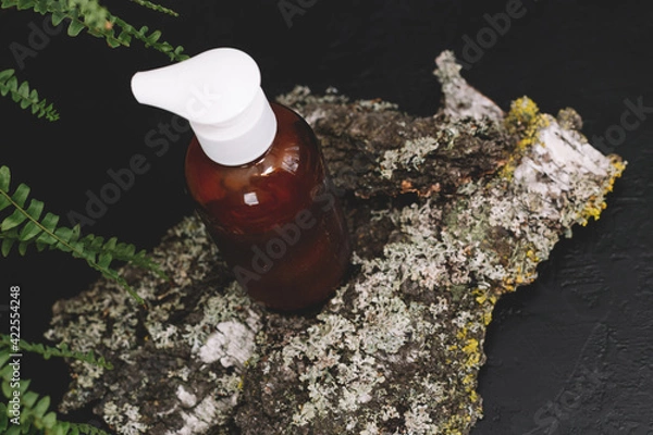 Obraz Spa cosmetics in brown glass bottles on natural background of moss,wood, tree bark and fern. Copy space for text.