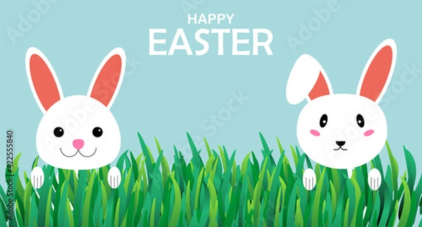 Obraz Happy Easter card, rabbit on the spring grass. Vector flat illustration.