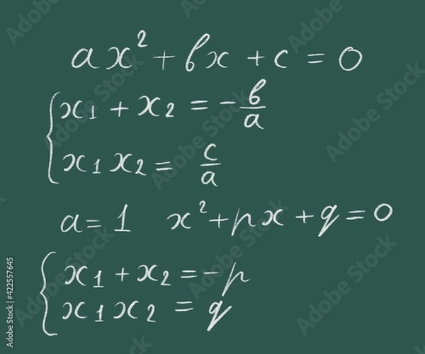 Fototapeta Applying Vieta's formulas for quadratic  equations graphic illustration white lettering on a green board