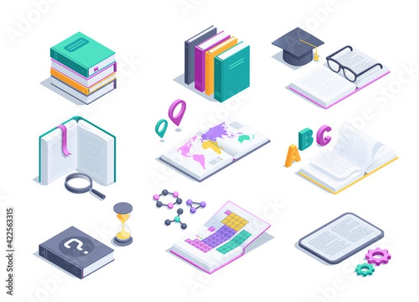 Fototapeta isometric vector illustration isolated on white background, set of books and icons for reading and learning theme
