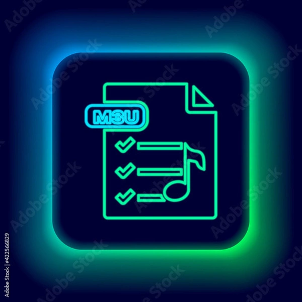 Obraz Glowing neon line M3U file document. Download m3u button icon isolated on black background. M3U file symbol. Colorful outline concept. Vector