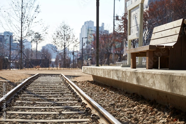 Fototapeta Broken railway and bench in Korea.
