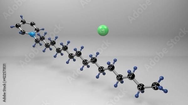 Fototapeta Cetylpyridinium Chloride molecule. Molecular structure of pristacin, antiseptic salt with broad-spectrum antimicrobial activity used in personal-care products. Footage available.
