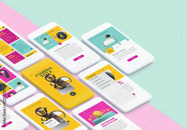 Fototapeta Pink and Yellow Interactive Mobile Presentation Layout