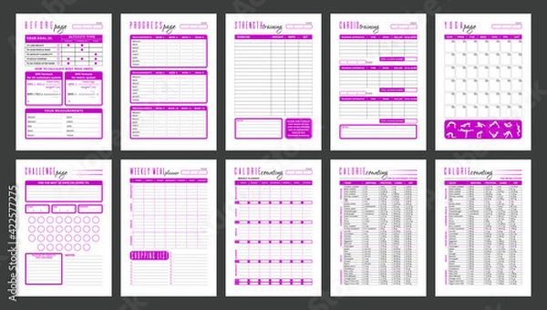 Obraz Vector fitness planner page templates. Strength training, cardio and yoga workouts, diet planners and calorie counting. Simple design. Bright magenta color.