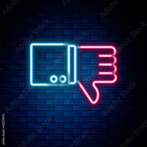 Fototapeta Glowing neon line Dislike icon isolated on brick wall background. Colorful outline concept. Vector