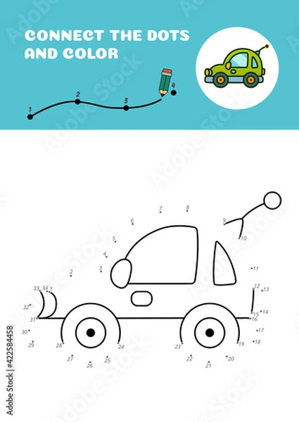 Fototapeta Connect the dots and color. Green car. Vector EPS 10