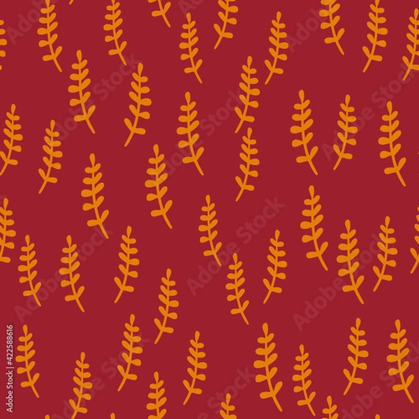 Fototapeta Autumn tones seamless pattern with bright orange tropic branch elements. Red maroon background.