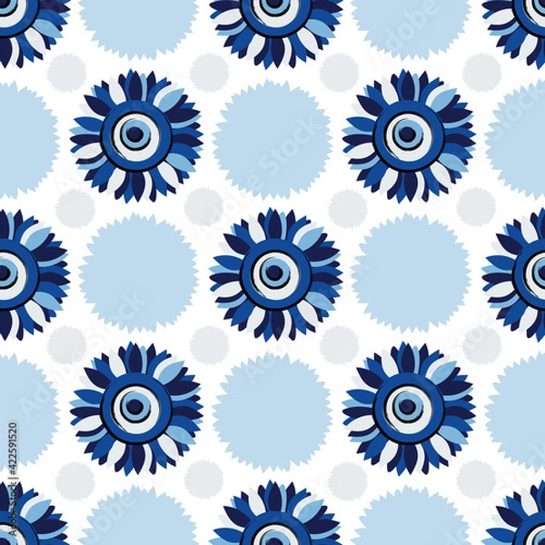 Fototapeta Turkish amulet against the evil eye in the form of a sunflower. Seamless pattern with flowers in blue tones for printing on decorative textiles, fabrics, paper. 