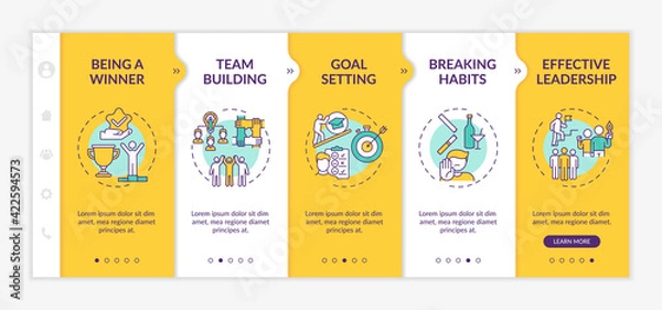 Obraz Types of motivational content onboarding vector template. Mentoring and coaching. Leadership and goal setting. Responsive mobile website with icons. Webpage walkthrough step screens. RGB color concept