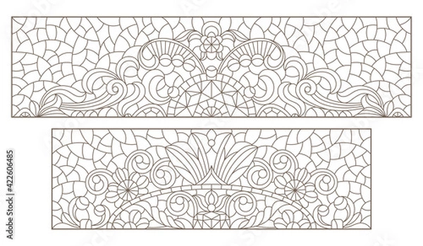 Fototapeta Set contour illustrations of stained glass with abstract swirls and flowers , horizontal orientation, rectangular images