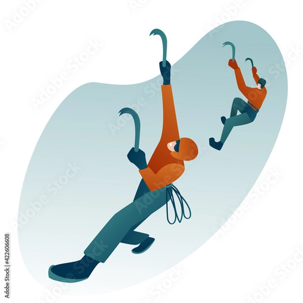Fototapeta Men in equipment climb up, characters in helmets climb with an ice tool. Rock climbing on the white background. Modern flat design.