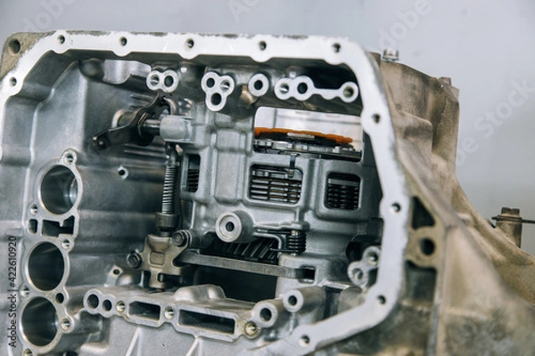 Fototapeta Set of various engine and gearbox spare parts. Shiny gears for planetary gearbox.Metal autotechnology background. wheel engine gears, close up. Automatic transmission in section