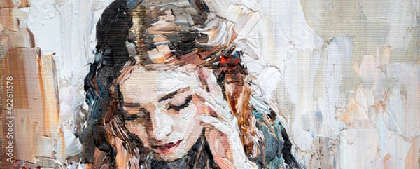 Fototapeta Portrait of a girl in a cafe. Fragment of an oil painting. Cozy art on canvas.