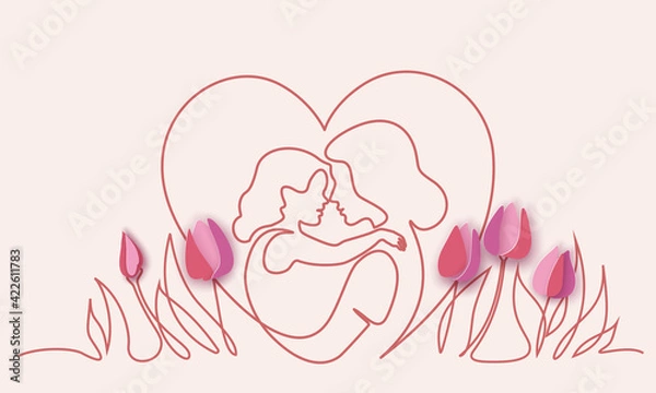 Fototapeta Happy Mother day card. Continuous one line drawing.