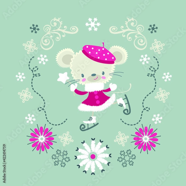 Fototapeta Little mouse on skates in patterns of snowflakes 