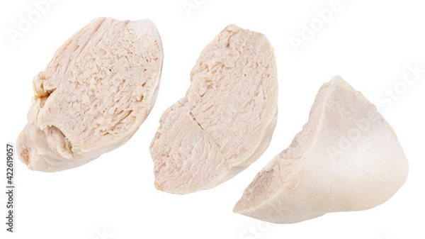 Obraz Pieces of boiled chicken breast isolated on white background