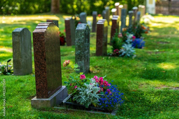 Fototapeta A double row of tombstones decorated with colorful flowers