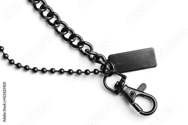 Fototapeta Black metal chain with carbine and tag, on a white background. Isolated object. Detail for design