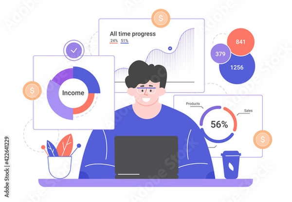 Fototapeta Man with a laptop and charts. Data analysis, trading, increasing income. Successful investor, broker. Analysis of trends and dynamics of stock prices. Vector flat illustration.