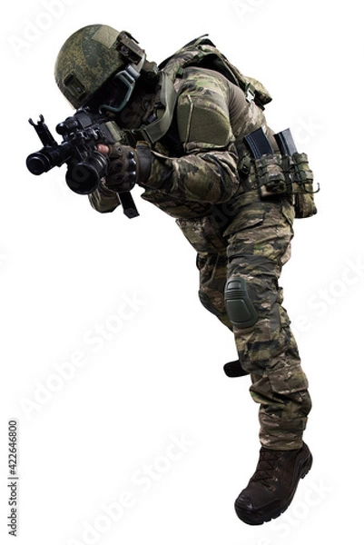 Fototapeta Male soldier in masking camo suit. Shot in studio. Isolated with clipping path on white background.