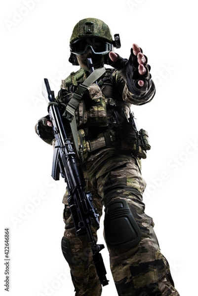 Fototapeta Male soldier in masking camo suit. Shot in studio. Isolated with clipping path on white background.