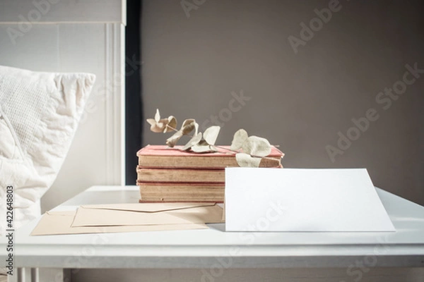 Obraz blank greeting card  invitation mockup with craft paper envelope  feminine still life composition
