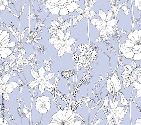 Obraz Floral pattern with roses, irises, lilies on a light background. Romantic seamless design drawing